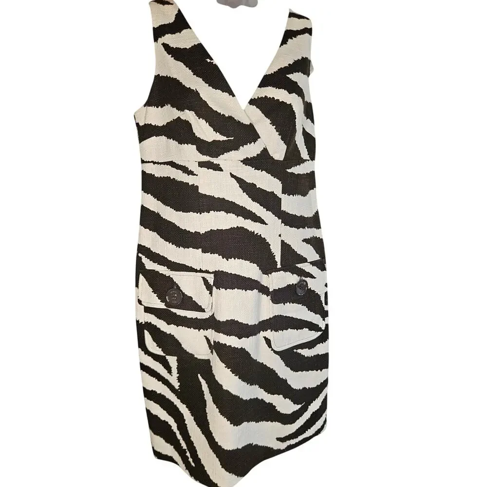 Michael Kors Brown Cream Animal Print Halter Body Con Dress Sz 4 Zebra Pockets - Picture 3 of 11